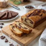 Chocolate Swirl Banana Bread sliced on board with visible chocolate swirls