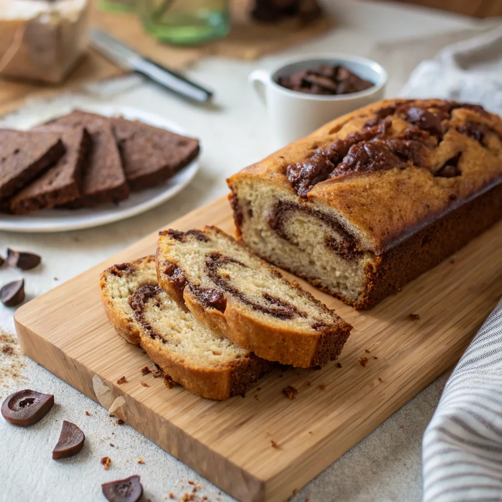 Chocolate Swirl Banana Bread sliced on board with visible chocolate swirls