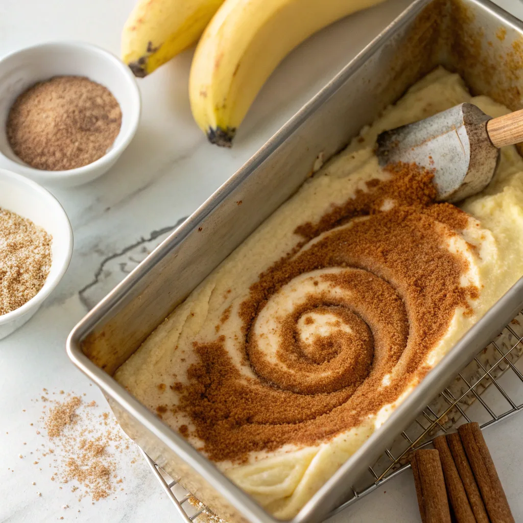 swirling cinnamon sugar into banana bread batter