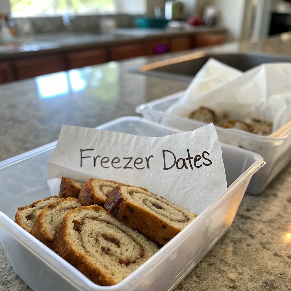 wrapped cinnamon swirl banana bread slices ready for freezer storage