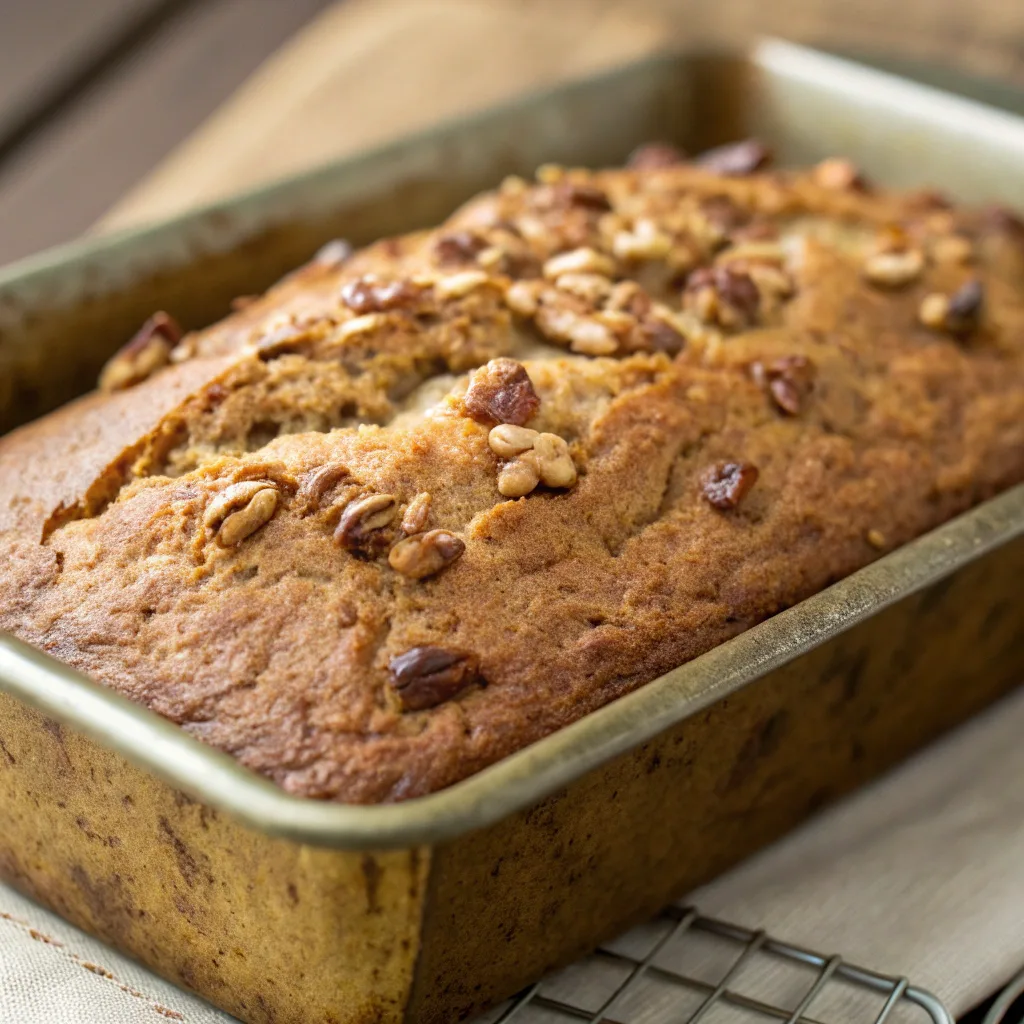 Freshly baked gluten free vegan banana nut bread in loaf pan
