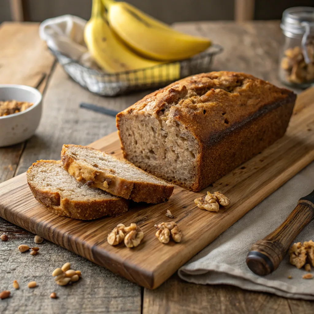 Gluten free vegan banana nut bread on rustic kitchen counter