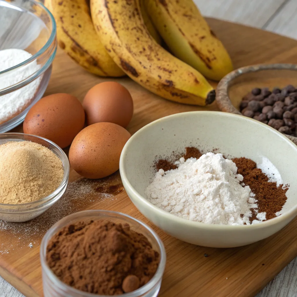 Chocolate banana bread ingredients on counter