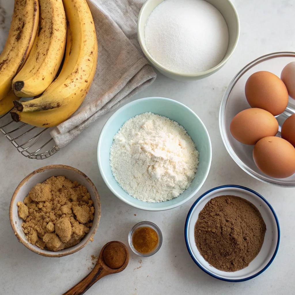ingredients for cinnamon swirl banana bread laid out on a kitchen counter