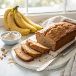 Sliced loaf of moist protein banana bread on a plate