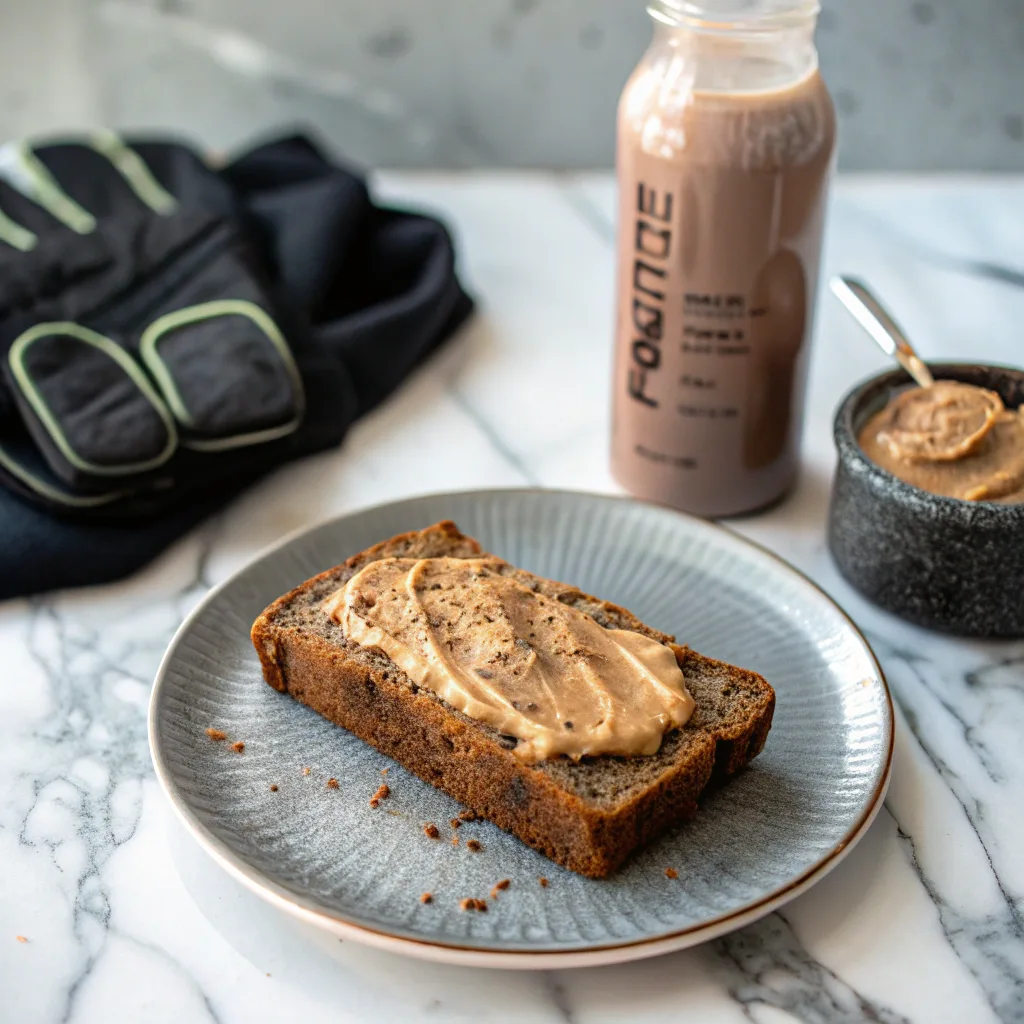 Protein banana bread slice with almond butter and protein shake
