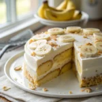 Vegan banana pudding cake sliced on plate