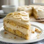 Vegan banana pudding cake sliced on plate