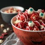 A spooky bowl of bloody red velvet popcorn for Halloween parties