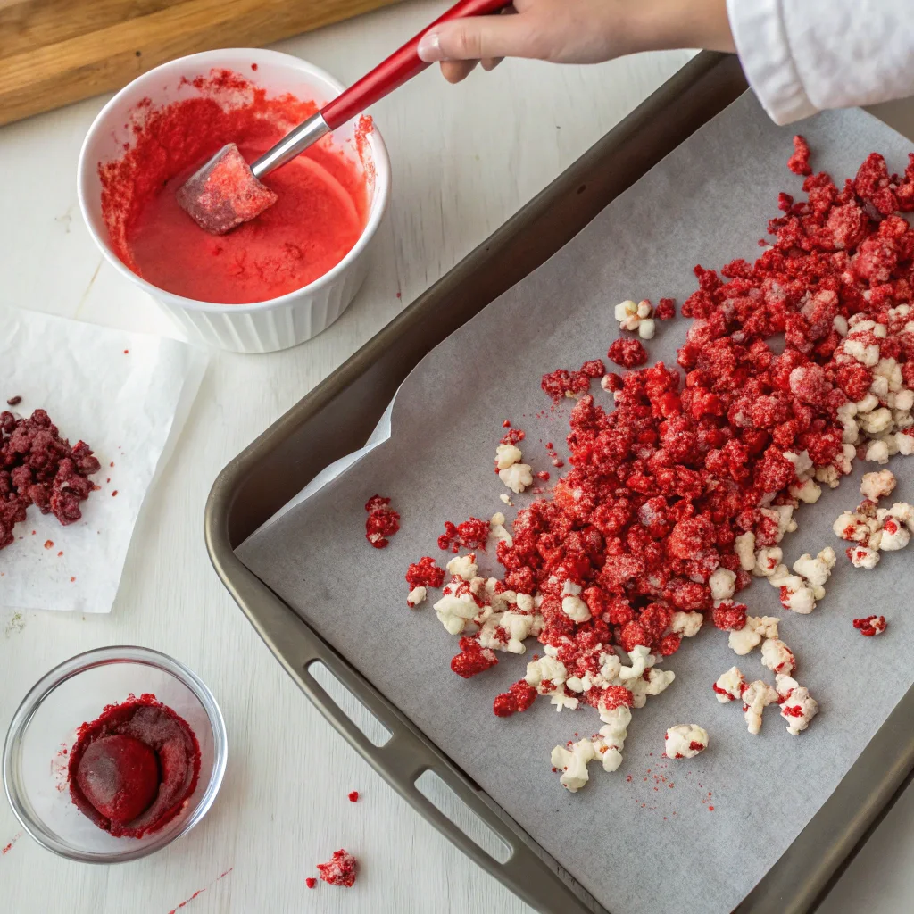 Red velvet popcorn coated with red candy glaze on baking sheet