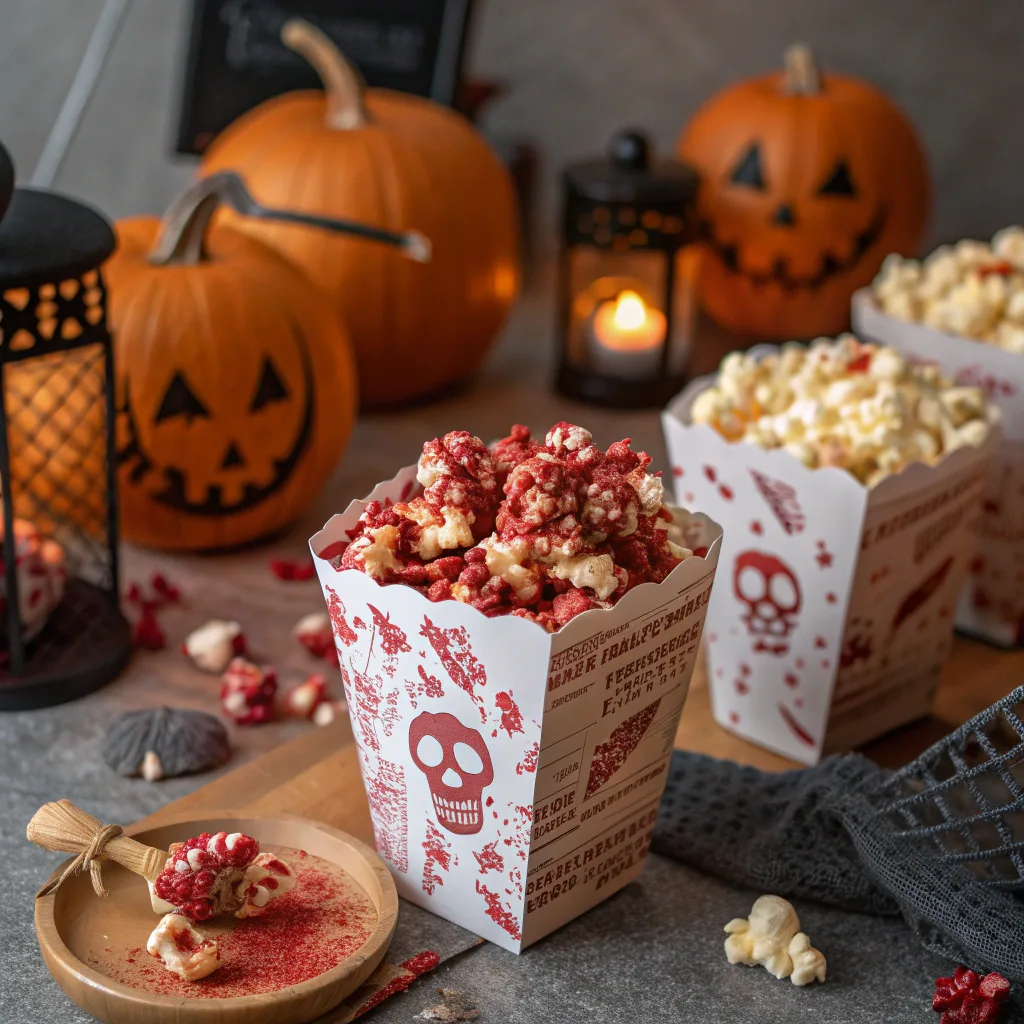 Bloody red velvet popcorn in Halloween treat bags