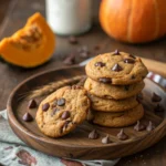 Stack of brown butter pumpkin chocolate chip cookies with gooey chocolate and pumpkin spice
