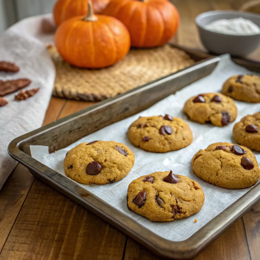 Freshly baked brown butter pumpkin chocolate chip cookies cooling on tray