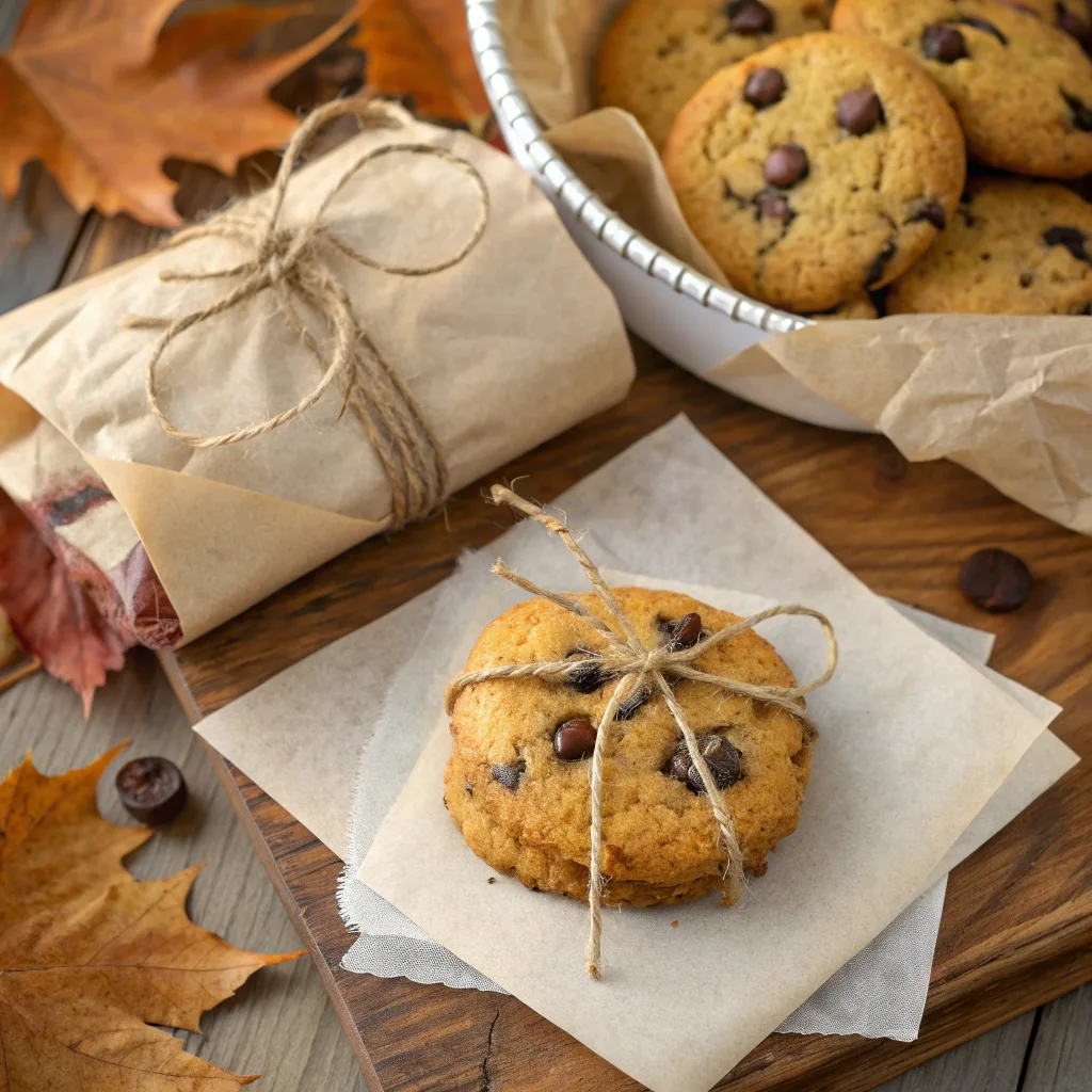 Brown butter pumpkin chocolate chip cookies wrapped for fall gifting