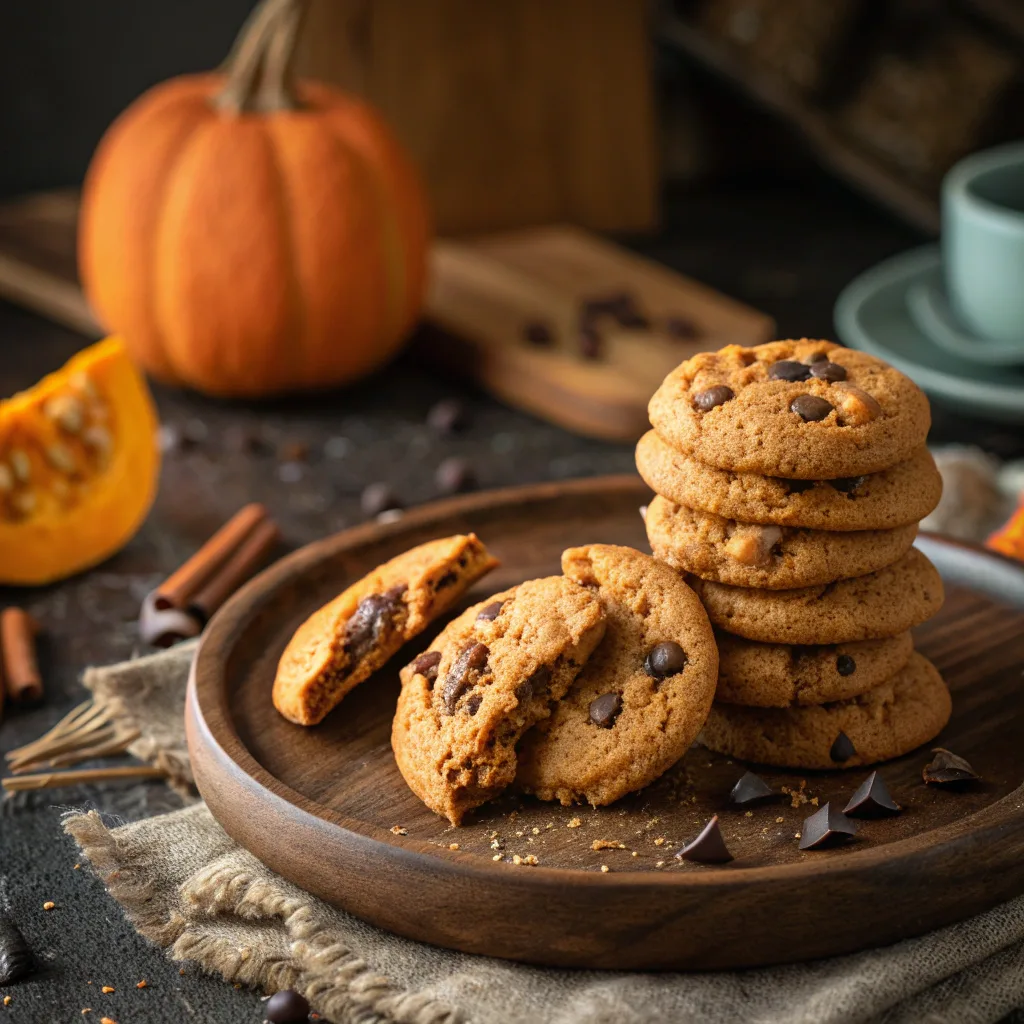 Stack of brown butter pumpkin chocolate chip cookies with gooey chocolate and pumpkin spice