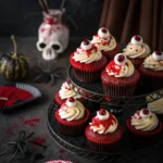 Halloween Red Velvet Cupcakes with spooky decorations