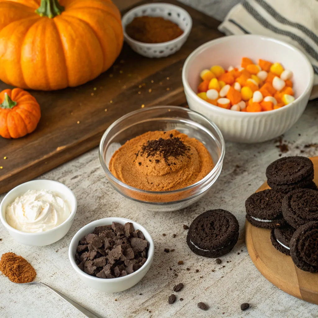 pumpkin dirt cup ingredients on kitchen table