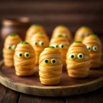 Mummy Jalapeño Poppers served on wooden tray with Halloween decoration