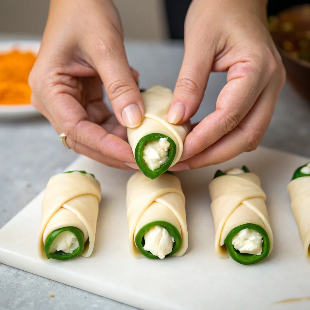 Wrapping jalapeños with dough for Halloween poppers