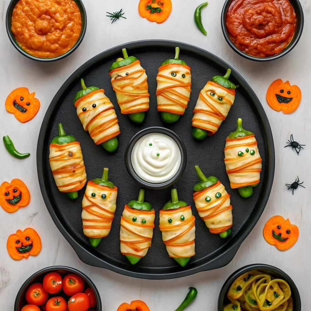 Mummy Jalapeño Poppers on platter with dips for Halloween party