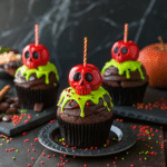 Decorating Poison Apple Cupcakes with red glaze and leaves