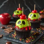 Decorating Poison Apple Cupcakes with red glaze and leaves