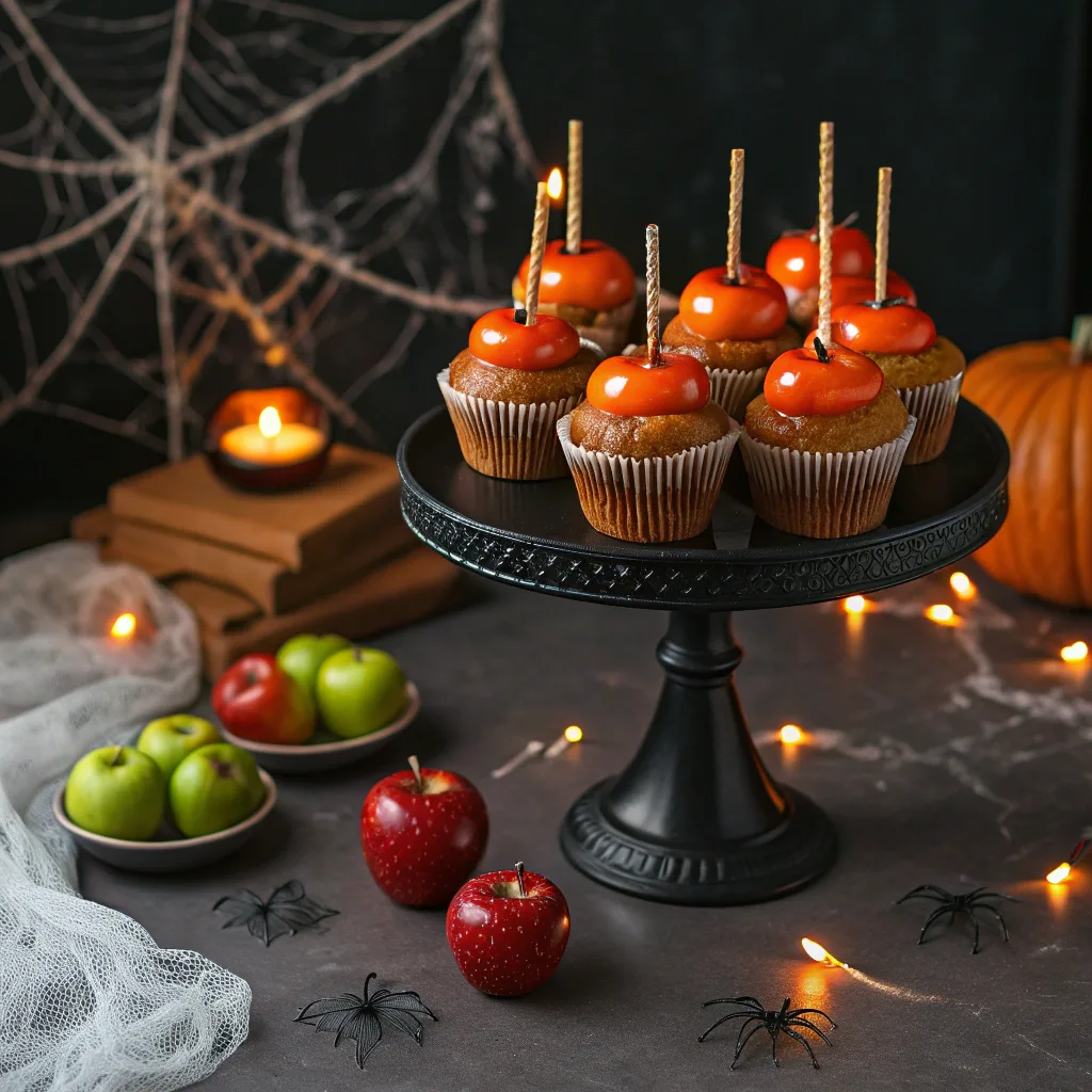 Halloween dessert table with Poison Apple Cupcakes and spooky decorations
