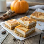 Pumpkin Cheesecake Swirl Bars on a rustic fall table