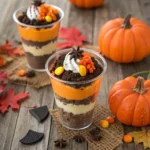 pumpkin patch dirt cups with Oreos, pudding, and candy pumpkins