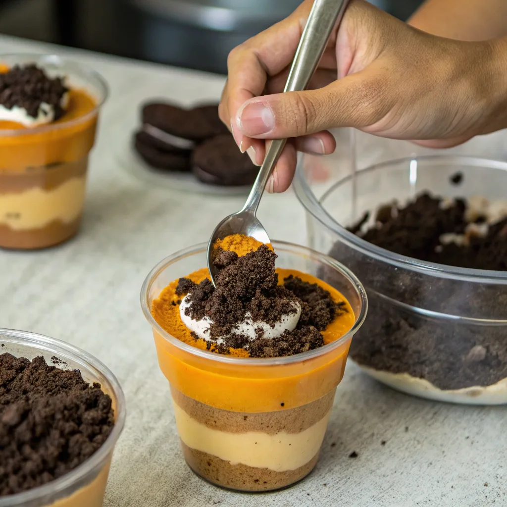layering pumpkin patch dirt cups with pudding and Oreos