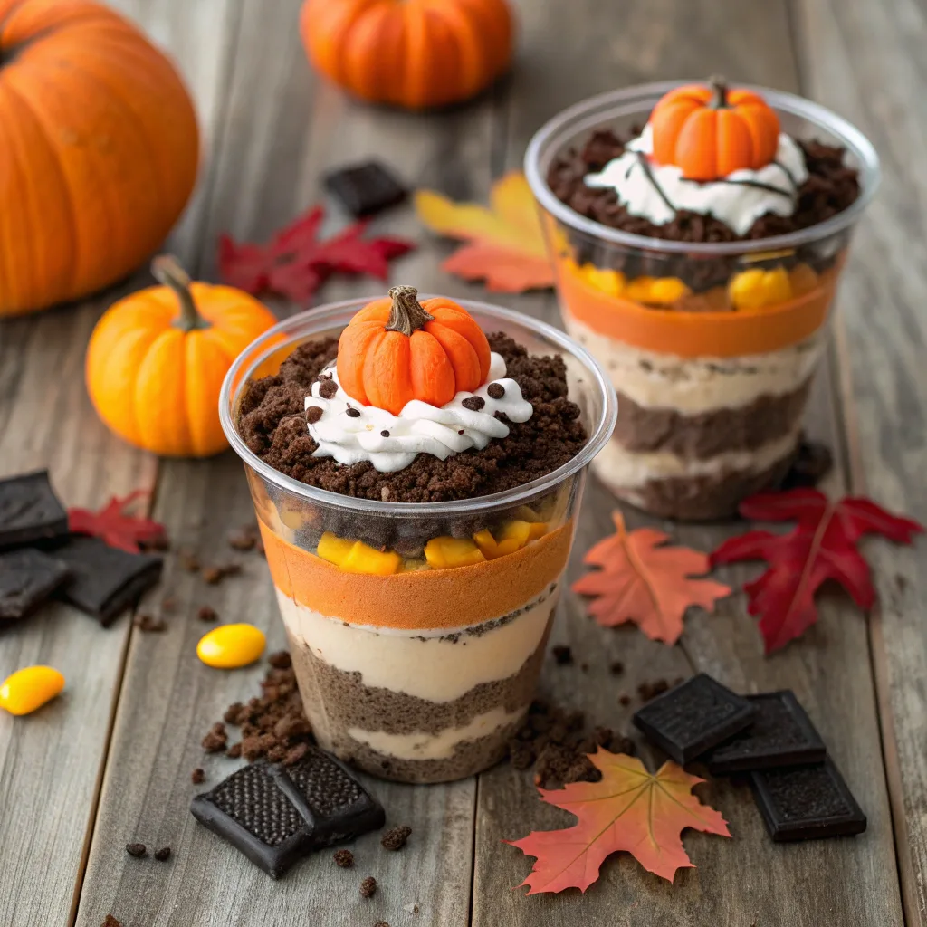 pumpkin patch dirt cups with Oreos, pudding, and candy pumpkins