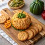 Pumpkin-shaped cheese ball on fall appetizer board