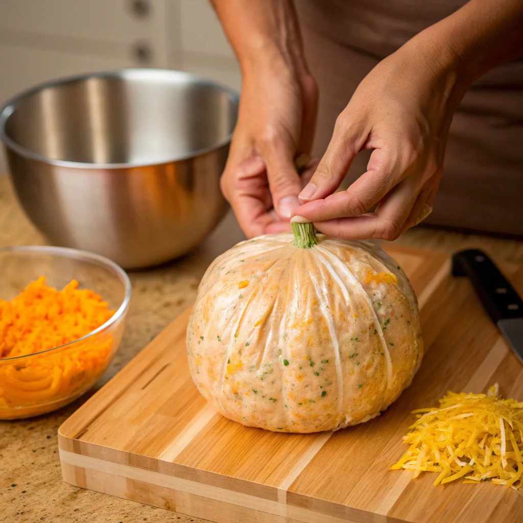 Hands shaping a pumpkin-shaped cheese ball with twine