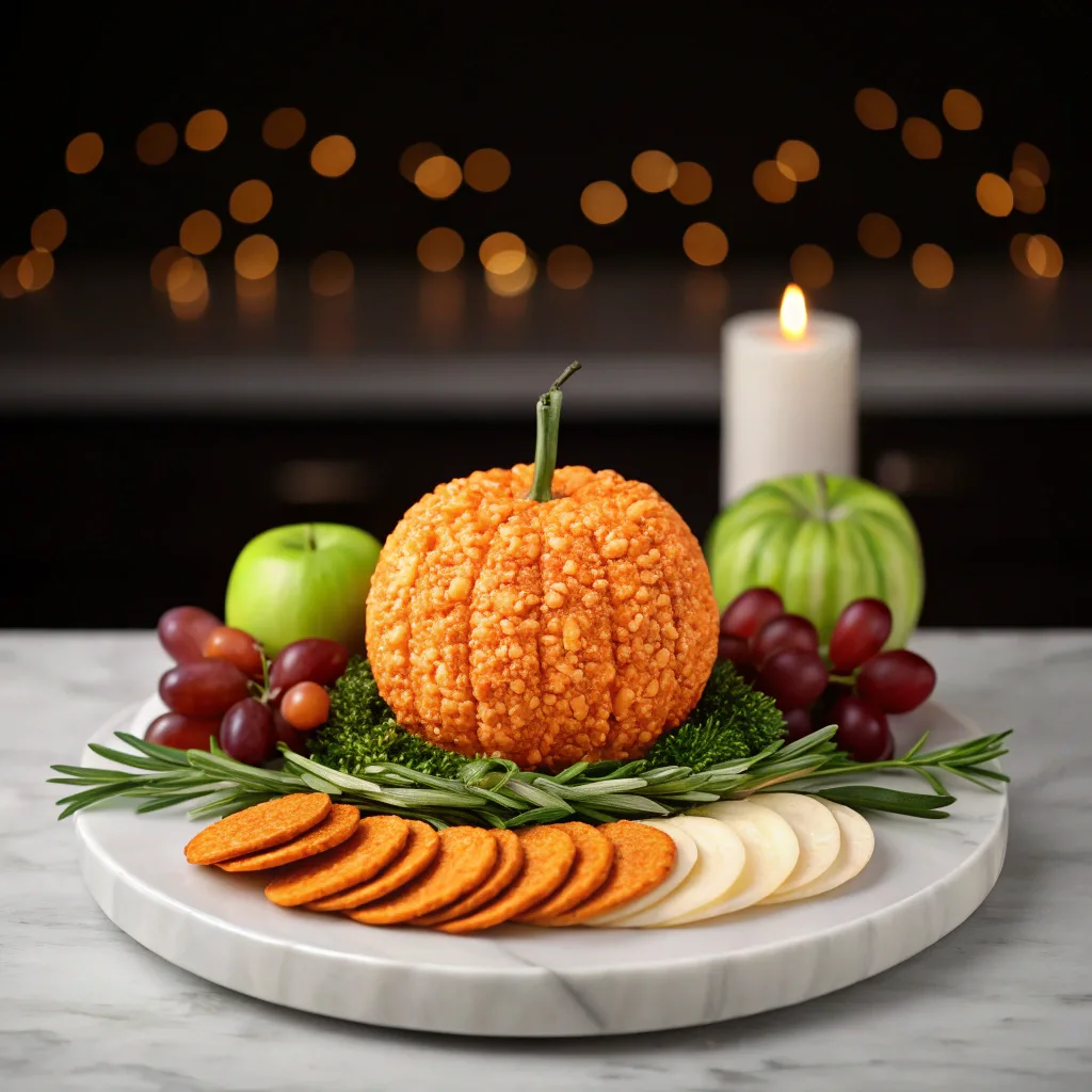 Elegant pumpkin-shaped cheese ball with fall fruit and crackers