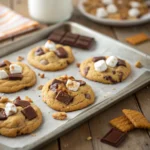 Close-up of Pumpkin S’mores Cookies with gooey chocolate and marshmallows
