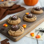 spooky peanut butter spider cookies on a black plate with Halloween decor