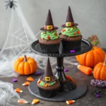 Witch Hat Cupcakes with Halloween sprinkles on party table