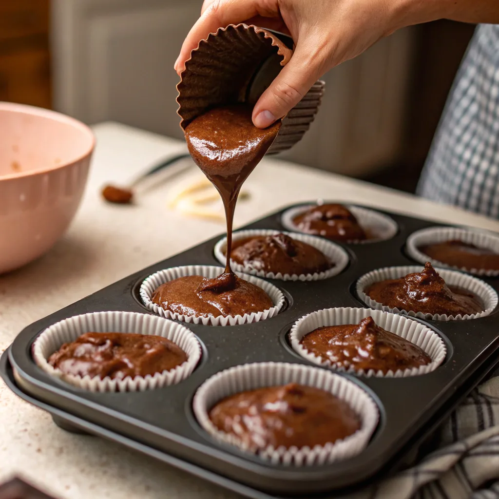 Pouring chocolate cupcake batter into liners