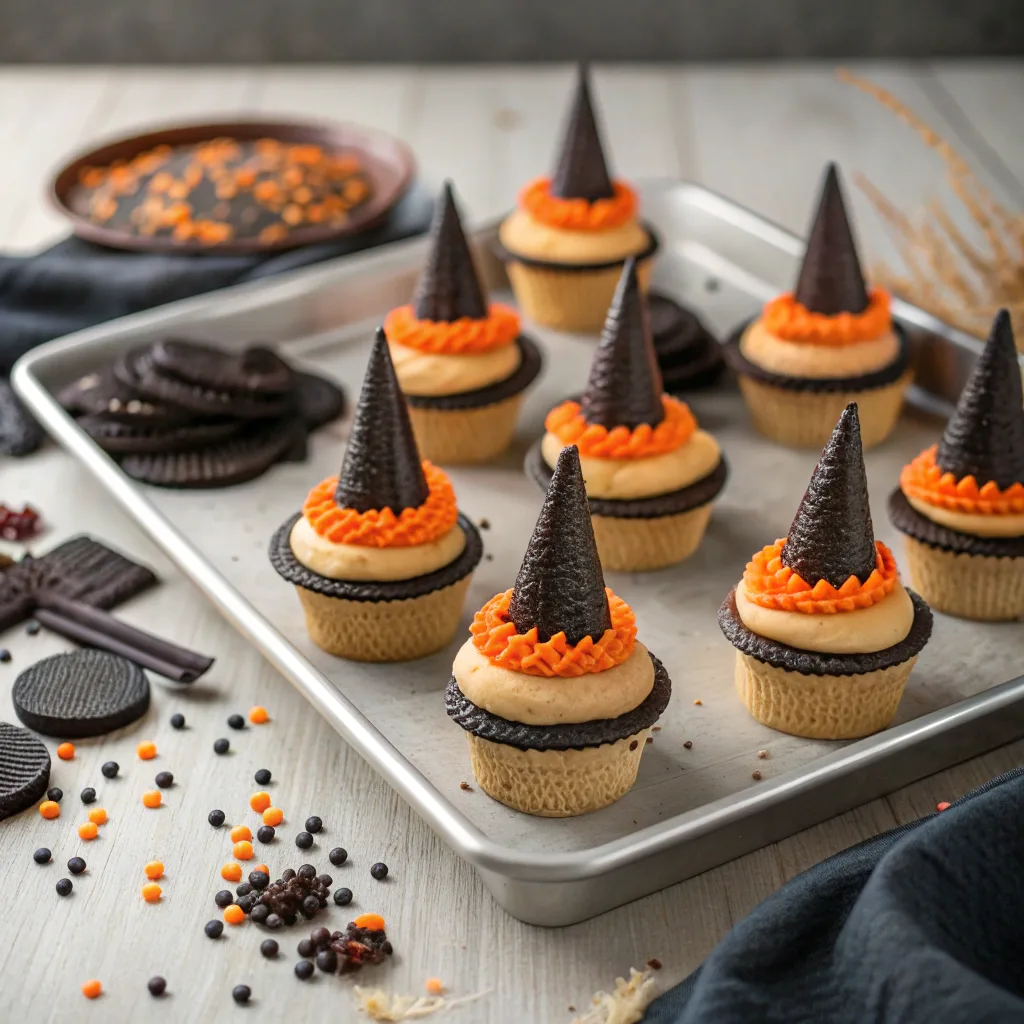Edible witch hat toppers made from cones and cookies