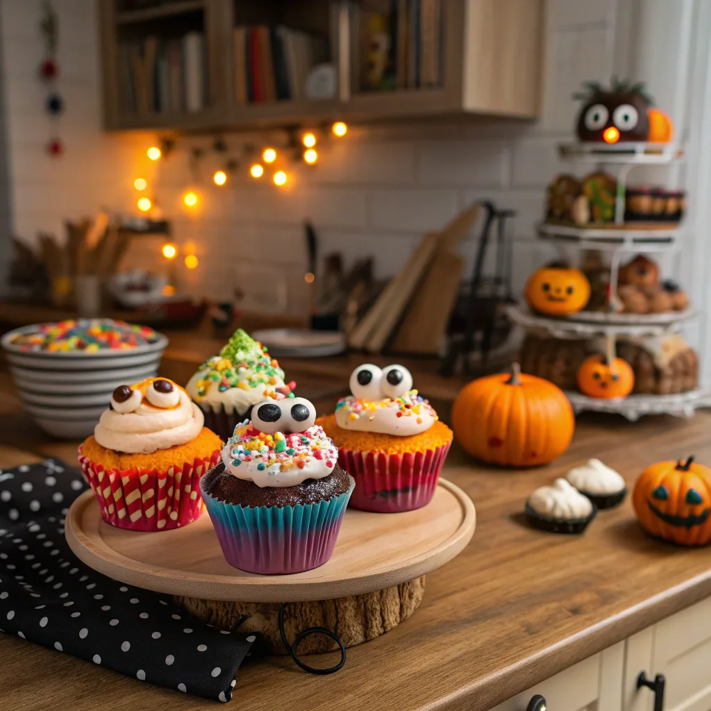 decorating witch hat cupcakes with frosting and candy