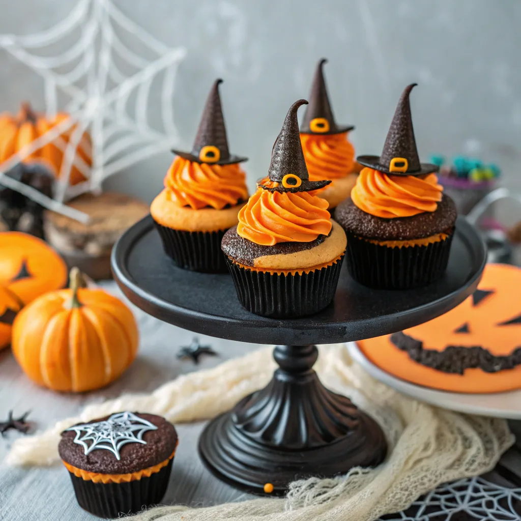 Witch Hat Cupcakes with Halloween sprinkles on party table