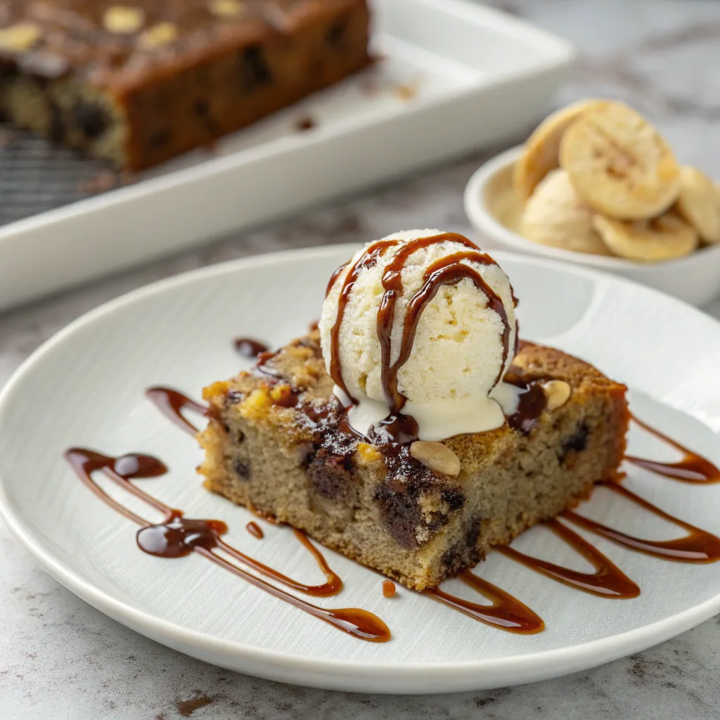 Banana bread brownies with ice cream