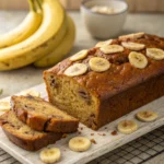 A warm loaf of vegan banana bread sliced to reveal its soft, moist crumb.