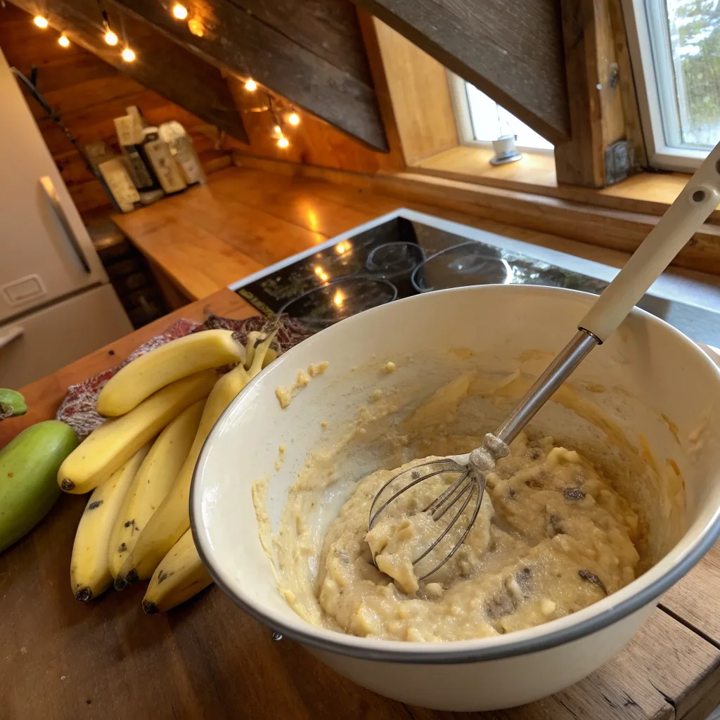 Mixing sourdough banana bread batter in bowl