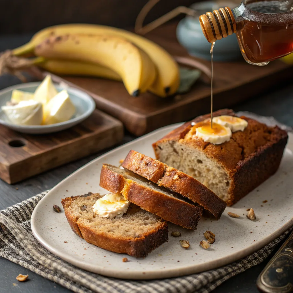 Sliced sourdough banana bread with toppings