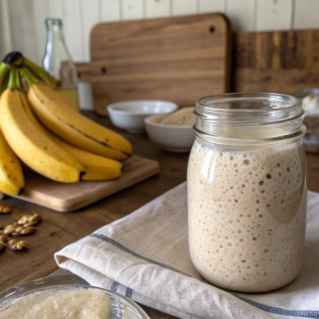 Ripe bananas with sourdough starter jar