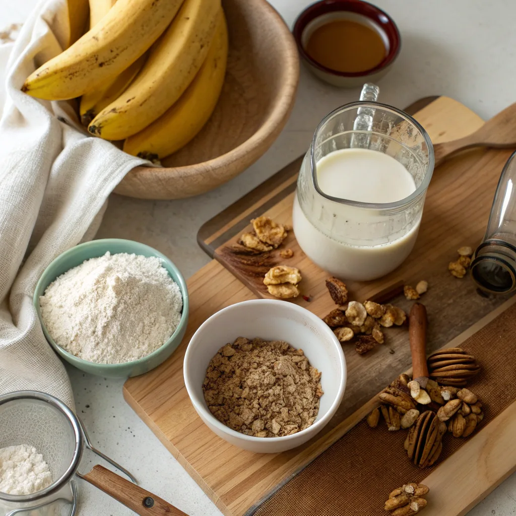 Vegan banana bread ingredients flat lay