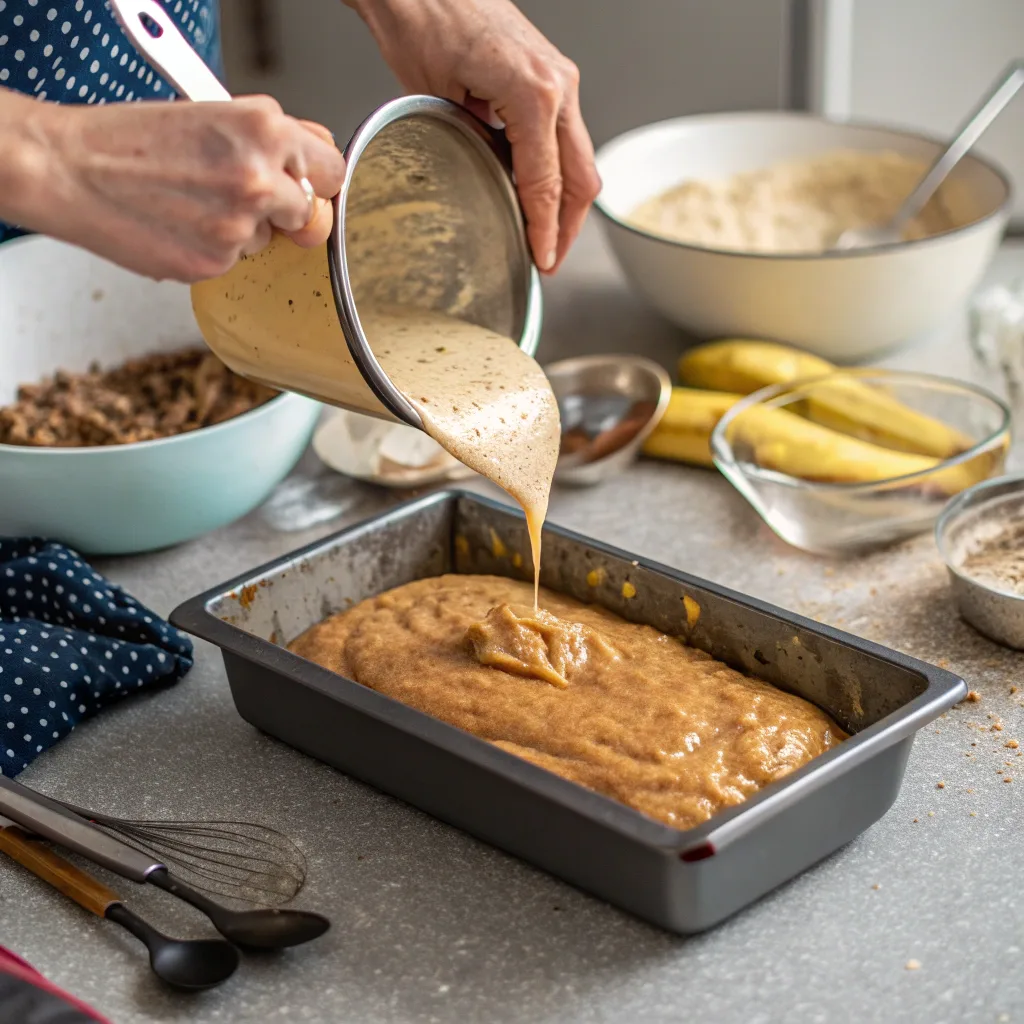 Pouring vegan banana bread batter into loaf pan