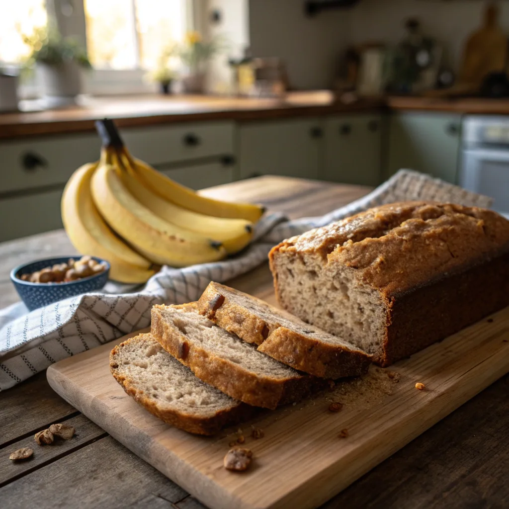 Vegan banana bread fresh loaf sliced on wooden table